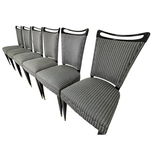 Mid-Century Modern Set of 6 French Mid-Century Ebonized Dining Chairs With Brass Sabots & Striped Upholstery For Sale - Image 3 of 13