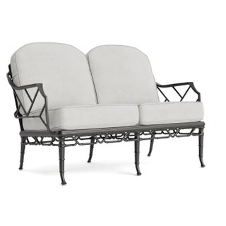 Brown Jordan Calcutta Loveseat, Textured Pewter frame with Fusion Dove fabric For Sale