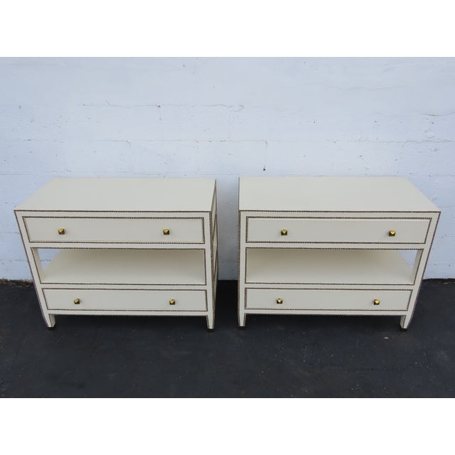 Hollywood Regency Bernhardt Hollywood Regency Bonded Leather Large Nightstands Chests a Pair 6660 For Sale - Image 3 of 18