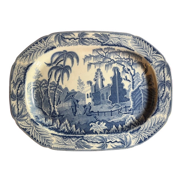 Large Antique 19th Century Davenport Blue & White Porcelain Platter With Chinoiserie Decoration For Sale