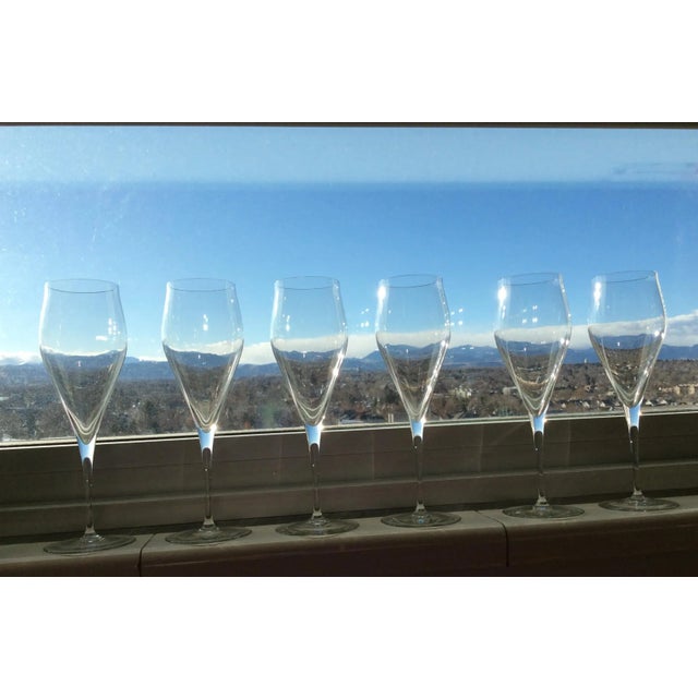 Unique set of six (6) graceful, hand-blown crystal, fluted Bruxelles style champagne glasses with very delicate stems....
