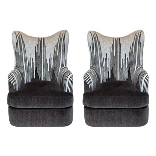 Revelation Abstract Modern Chocolate Brown and Gray Hot Wing Wingback Swivel Chairs Pair For Sale