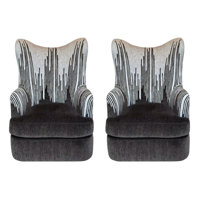 Revelation Abstract Modern Chocolate Brown and Gray Hot Wing Wingback Swivel Chairs Pair For Sale