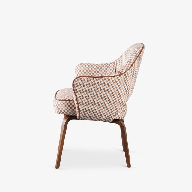 2000 - 2009 Saarinen Executive Arm Chairs in Schumacher Fabric, Leather Piping, & Walnut - Set of 6 For Sale - Image 5 of 14