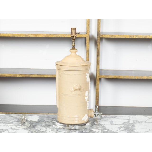 Cream 19th Century English Cream Glazed Stoneware Water Filter Made into a Wired Lamp For Sale - Image 8 of 11
