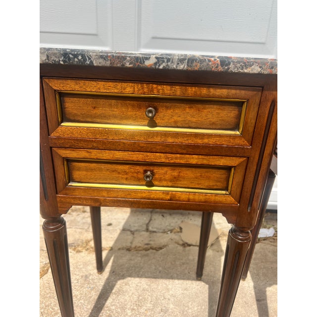 French 19th Century Louis XVI Pair of Walnut Marble Top Night Stands For Sale - Image 9 of 11