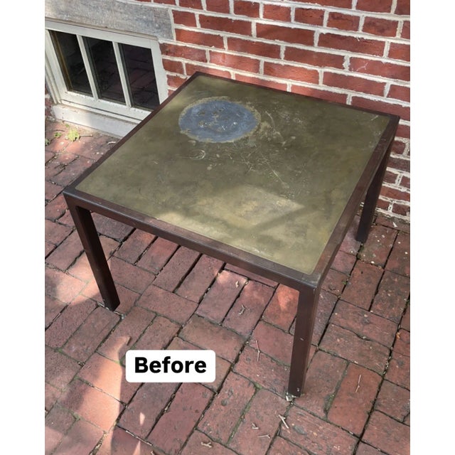 Restored Harry Lunstead Acid Etched Zinc and Walnut Side Table For Sale - Image 11 of 12