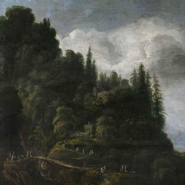 Venetian School, Animated Mountain Landscape with Architecture, 1800s, Oil on Canvas For Sale - Image 11 of 12