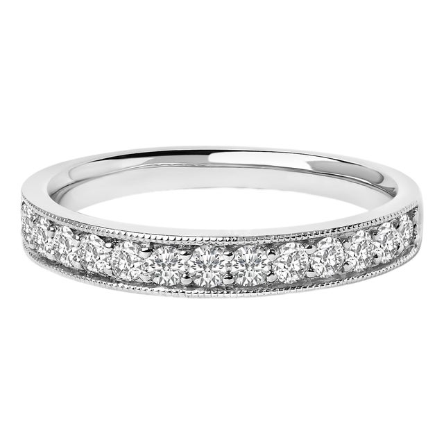 14K White Gold 1/2 Cttw Round Diamond Milgrain Wedding Band - Size 6 For Sale