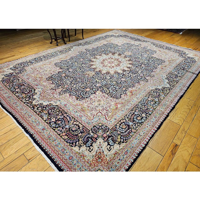 1900 - 1909 Antique Oversized Persian Kerman Lavar Rug, Hand-Knotted Wool, Millefleur Floral Pattern, Navy & Ivory, 10x14 For Sale - Image 5 of 17