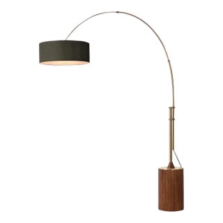 Tambo 92"h 1-Light Arc Lamp, Black Linen Shade, Dark Walnut Base, Weathered Brass, Dimmable, for Living Room or Bedroom For Sale