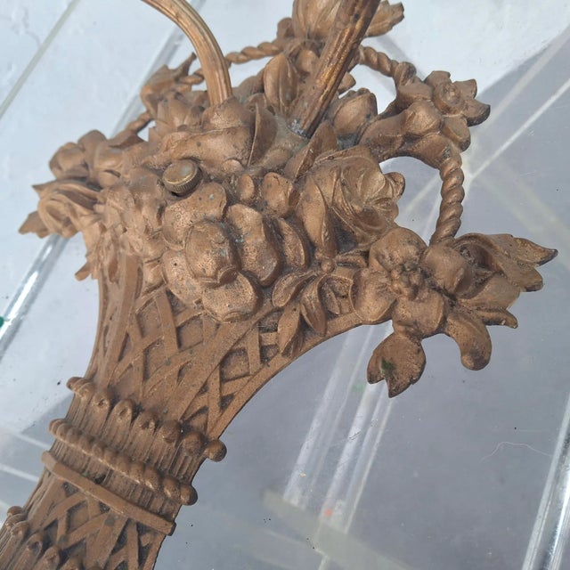 19thc XL French Louis XVI Bronze 2 Light Floral Basket Wall Sconce For Sale - Image 17 of 18
