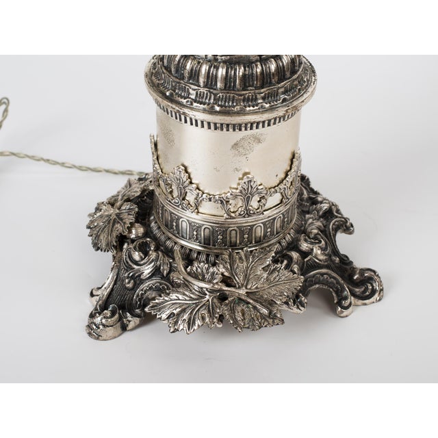 Silver 1950s Spanish Empire Silver-Plated Cast Brass Cupid Cherub Lamp With Scavo Flame Shade For Sale - Image 8 of 13