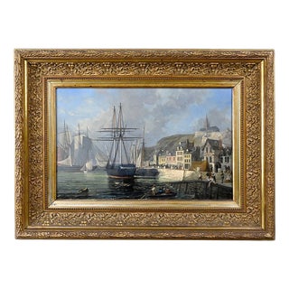 Jules d'Evry, Quay in Light, Oil on Panel, Mid-19th Century For Sale