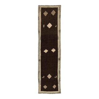 Modern Hand-Knotted Gabbeh Wool Runner – Tribal Geometric Design – Earthy Brown For Sale