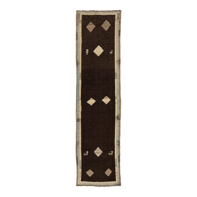 Modern Hand-Knotted Gabbeh Wool Runner – Tribal Geometric Design – Earthy Brown For Sale