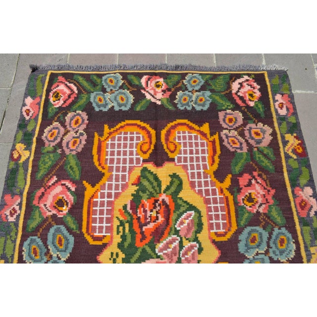 1960s Caucasian Rug Hand Woven Moldova Kilim Bessarabian Floral Area Rug Goblen Rug - 5′3″ X 6′10″ For Sale - Image 5 of 9