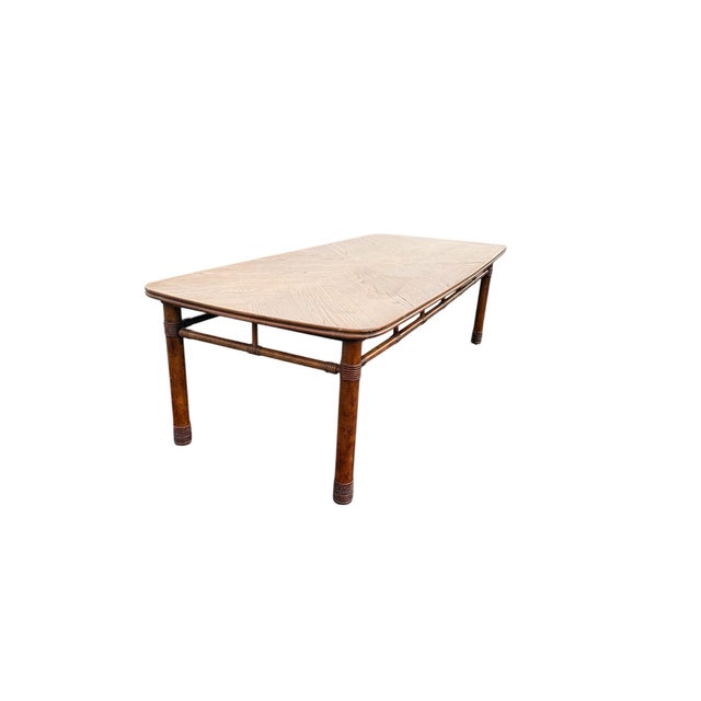 Vintage Faux Bamboo Fruitwood Cocktail Table With Geometric Veneer Top For Sale - Image 4 of 9