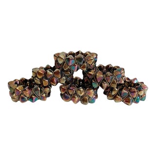 Vintage Geometric Spiked Napkin Rings Featuring Iridescent, Multi-Toned Metallic Beads - Oil Slick - Set of 6 For Sale