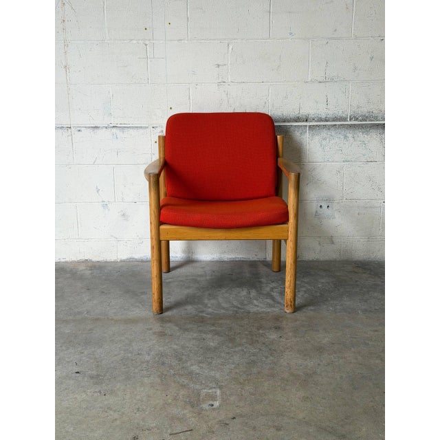 Mid-Century Modern Vintage Danish Oak Lounge Chair by Skive Møbelfabrik Mid-Century Modern Red Upholstery For Sale - Image 3 of 13