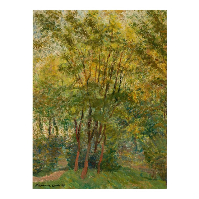 Vintage Autumn Forest Art Print – Green & Gold Woodland by Libin, 30" X 40" For Sale