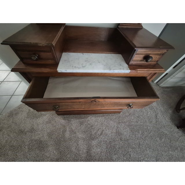 19th Century Antique Victorian Eastlake Marble Top Burled Dresser With Swivel Mirror For Sale - Image 5 of 7