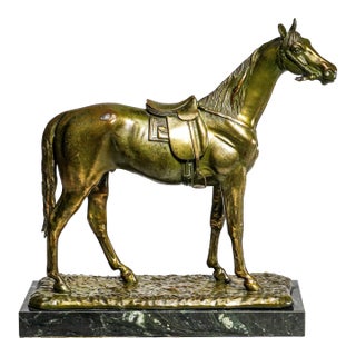 Stately Large Equestrian Antique Saddled Horse Statue Sculpture Cast Metal Marble Base Country Home Decor For Sale