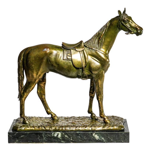 Stately Large Equestrian Antique Saddled Horse Statue Sculpture Cast Metal Marble Base Country Home Decor For Sale