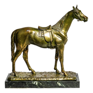 Stately Large Equestrian Antique Saddled Horse Statue Sculpture Cast Metal Marble Base Country Home Decor