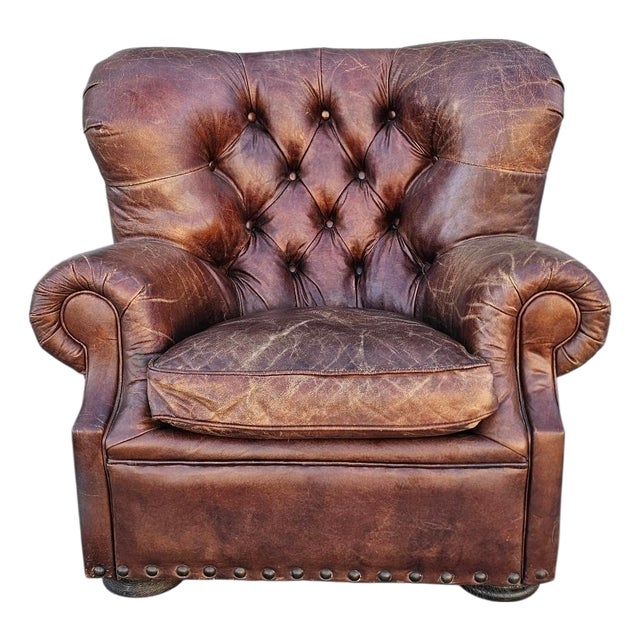 Restoration Hardware Churchill Tufted Leather Armchair For Sale