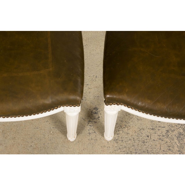 Early 20th Century Antique French Louis XVI Style Painted Chairs With Olive Green Leather - A Pair For Sale - Image 5 of 18