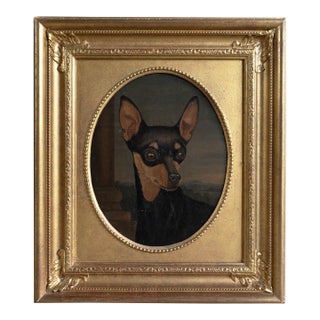 Antique Portrait of a Miniature Pinscher, Original Oil Painting of a Dog, 19th Century For Sale