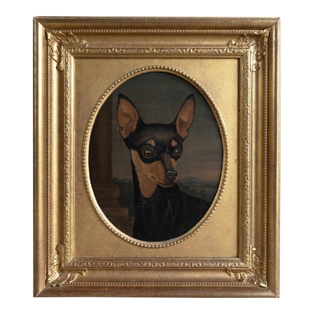 Antique Portrait of a Miniature Pinscher, Original Oil Painting of a Dog, 19th Century For Sale