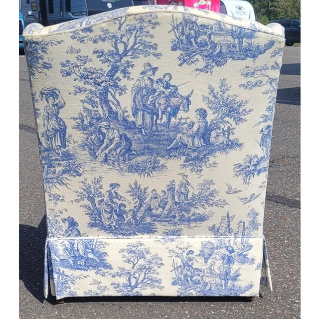 Cornflower Blue Vintage French Chaise Chair Toile Fabric For Sale - Image 8 of 10