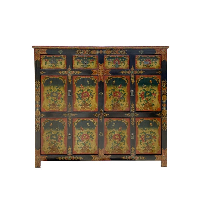 Wood Chinese Tibetan Orange Yellow Flower Graphic Storage Cabinet For Sale - Image 7 of 7