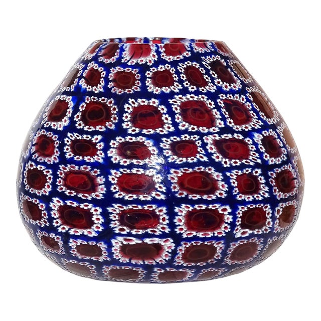 Murano Fratelli Toso Vintage Blue White Red Millefiori Flower Mosaic Italian Art Glass Decorative Flower Vase For Sale