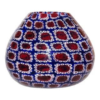 Vintage Murano Fratelli Toso Blue White Red Millefiori Flower Mosaic Italian Art Glass Decorative Flower Vase For Sale