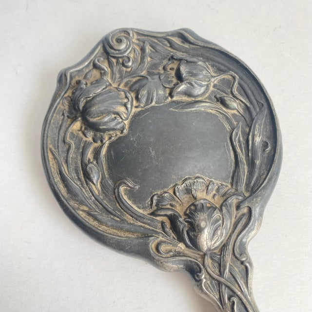 Art Nouveau Vanity Hand Mirror Silver Plated Distressed Antique Finish Beautiful floral decoration, great to add to your...