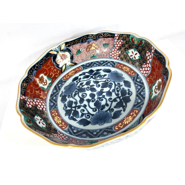 Metal Vintage Japanese Imari Red, Blue and White Decorative Large Porcelain Bowl With Gold Detailing For Sale - Image 7 of 10