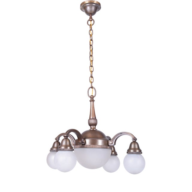 Art Deco Salon Chandelier in Brass and Milk Glass, 1920s For Sale