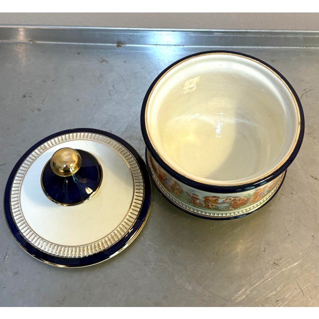 Hollywood Regency Florentine Blue/White Ceramic Round Box For Sale - Image 3 of 5