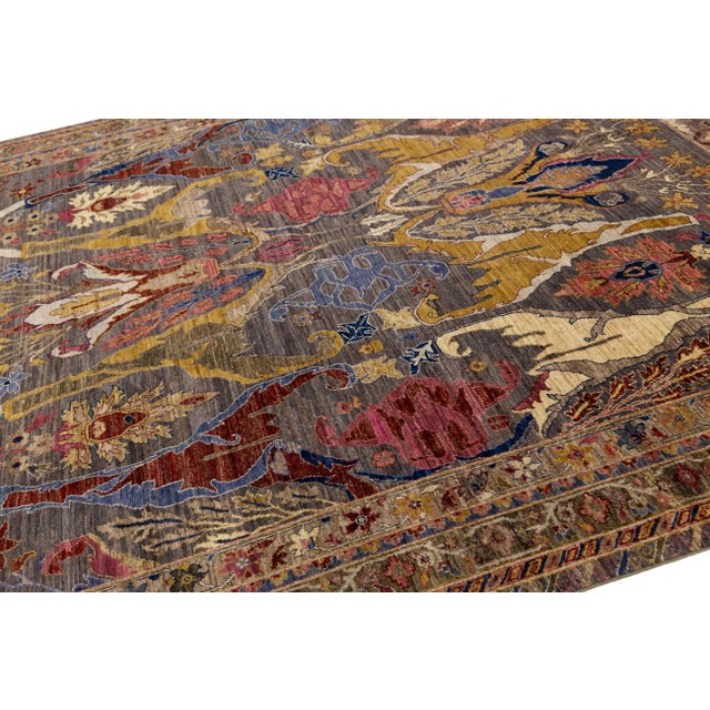 Charcoal Modern Bidjar Style Hand-Knotted Wool Area Rug Floral Design in Earthy Charcoal For Sale - Image 8 of 11