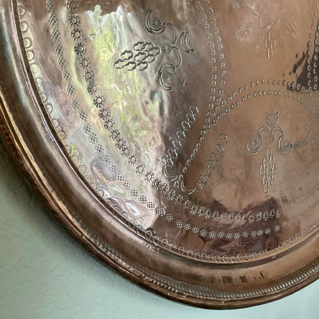 Metal Large Late 20th Century Turkish Cooper Tray Stamped Engraved For Sale - Image 7 of 12