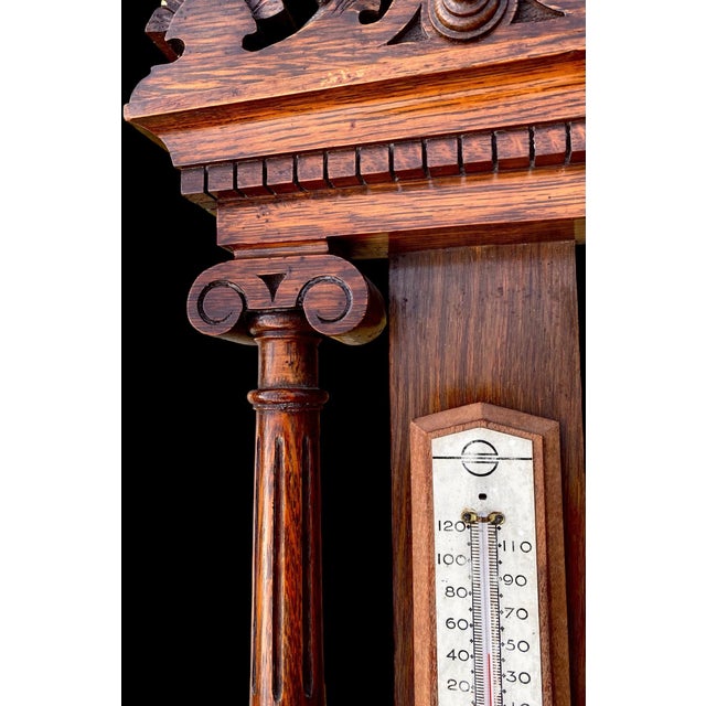 Antique English Carved Oak Wall Hanging Barometer For Sale - Image 4 of 17
