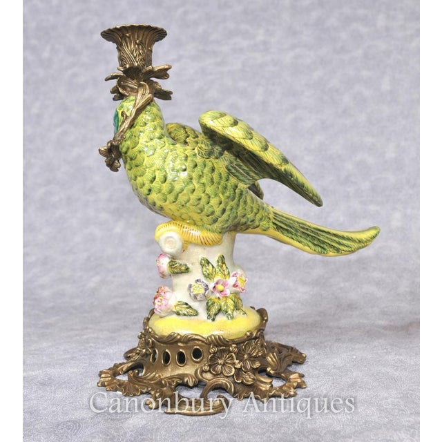 French Porcelain Parrot Candleholders, Set of 2 For Sale - Image 6 of 14