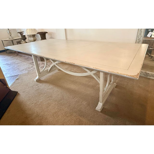Wood Habersham Antiqued White Trestle Dining Table With Scrollwork Base For Sale - Image 7 of 7