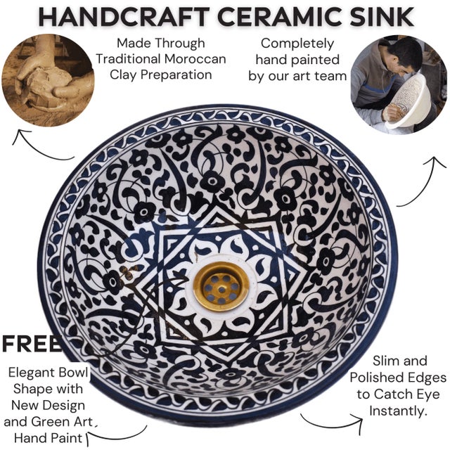 Moroccan Moroccan Paint Bowl Black White Flower Ceramic Countertop Vessel Sink For Sale - Image 3 of 6