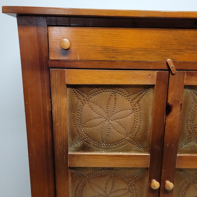 Vintage Country Pine Pie Safe Cabinet With Pierced Metal Panels For Sale - Image 4 of 10