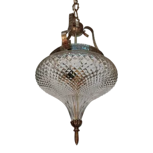 Vintage 1940s Art Nouveau Ceiling Fixture in Brass & Crystal Cut Glass