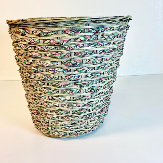 1970s Vintage Boho Chic Coastal Colorful Dyed Wicker Wastebasket. For Sale - Image 4 of 12